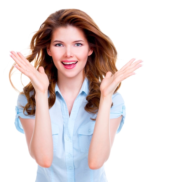 Hermosa Mujer Sorprendida Feliz Con Emociones Positivas - Aisladas ...