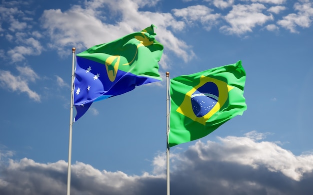 Hermosas Banderas Del Estado Nacional De Brasil Y La Isla De Navidad Juntos En El Cielo Azul 4324