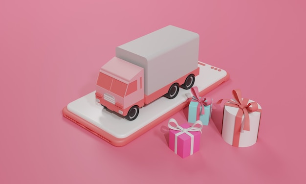 Ilustración plana de renderizado 3d tienda de compras en línea en aplicaciones móviles y envío de carga de camiones de teléfonos inteligentes. ilustración premium Foto Premium 