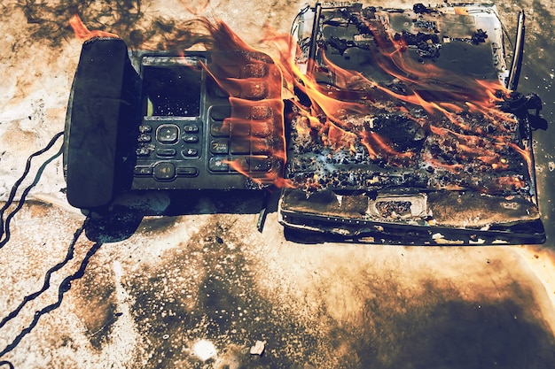 Incendio en la oficina, teléfono quemado y computadora portátil | Foto  Premium