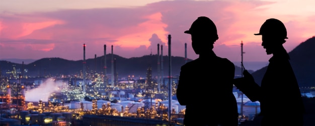 Los ingenieros de silhouette son pedidos pendientes la industria del refino de petróleo Foto Premium 