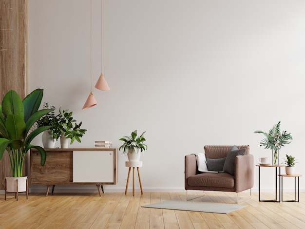 Interior minimalista moderno con un sillón sobre fondo de pared blanca vacía. representación 3d Foto gratis