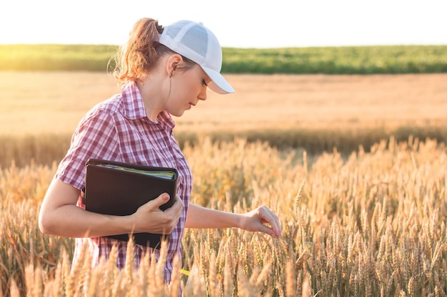 Joven Agricultora Trabaja En Un Campo De Trigo Bajo El Sol La Mujer De