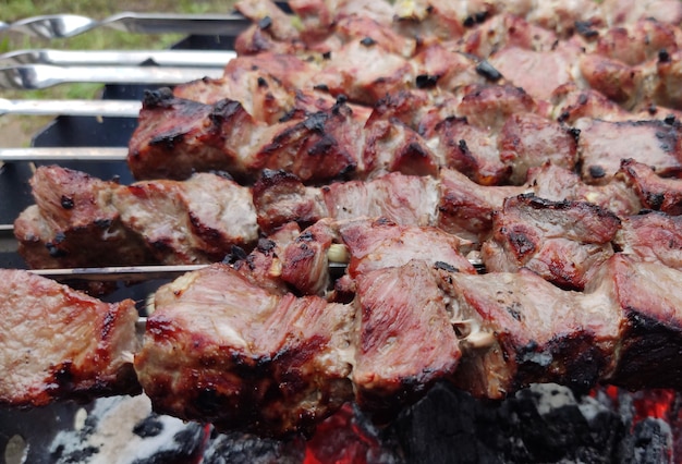 Jugosas Brochetas Fritas Crudas Y Preparadas Carne Ternera Cerdo