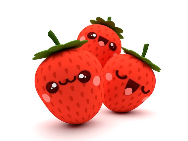 Lindo y feliz grupo de fresas rojas kawaii personajes de dibujos animados en 3d | Descargar ...