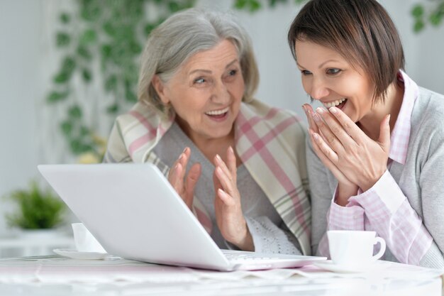 Madre mayor e hija adulta trabajando juntos con la computadora portátil