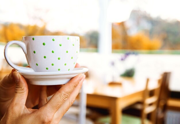 Manos sosteniendo la taza blanca en lunares de café cacao chocolate