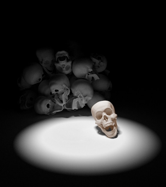 Montón de cráneos en el piso. apocalipsis y el concepto del infierno. representación 3d Foto Premium