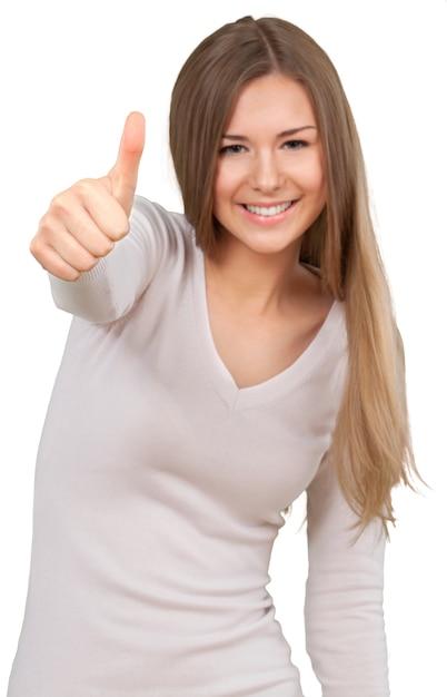 Mujer Feliz Mostrando El Pulgar Hacia Arriba Aislado Sobre Fondo Blanco Foto Premium 