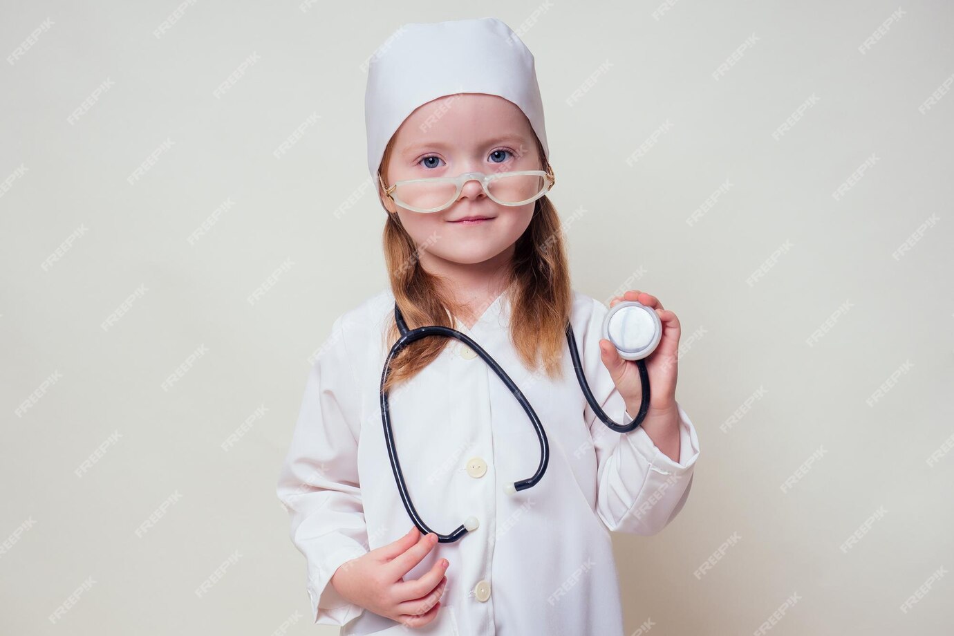 Niña Adorable Uniformada Como Médico Con Gorra De Médico Y Gafas Con Estetoscopio Sobre Fondo 