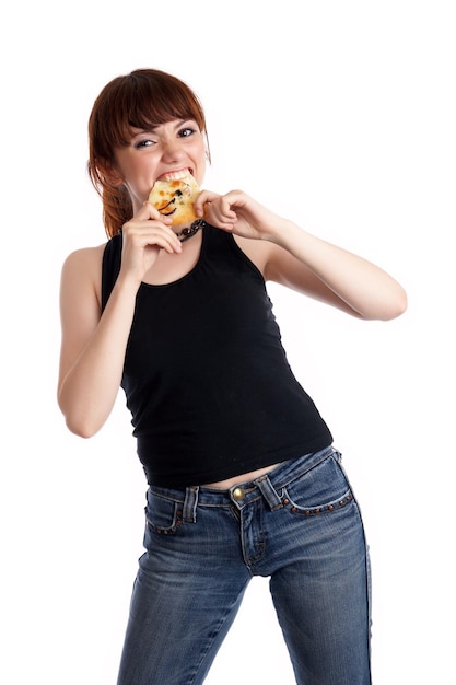 Niña Comiendo Pizza Aislado En Blanco Foto Premium