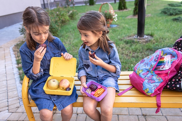 Niñas de la escuela sentadas en un banco en el patio de la escuela y comiendo de las loncheras. Foto gratis