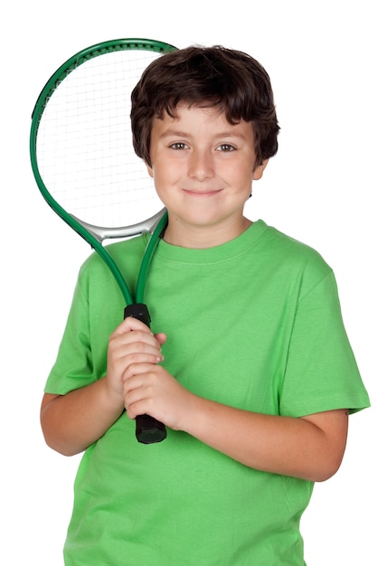 Niño Adorable Con Una Raqueta De Tenis Aislada En Un Blanco