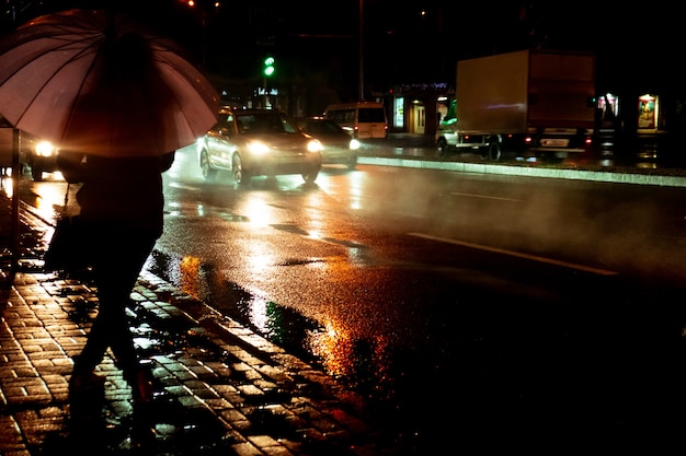 Noche Lluviosa Una Silueta De Mujer Con Paraguas Y Tráfico Con Gotas De Lluvia Tiempo De Otoño 1757