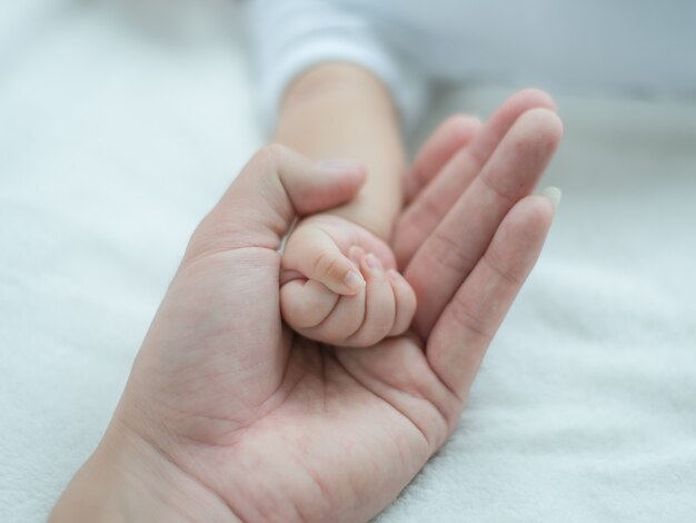 Padre Sosteniendo La Mano Del Recien Nacido La Familia Feliz Y El Concepto De Proteccion Del Bebe Mama Y Papa Sosteniendo La Mano De Su Hijo Foto Premium