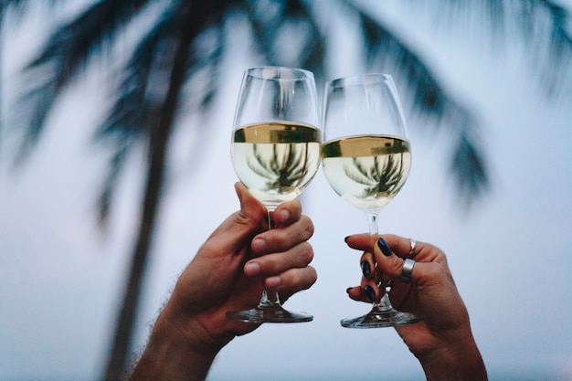 Pareja disfrutando de una copa de vino en la playa | Foto Gratis