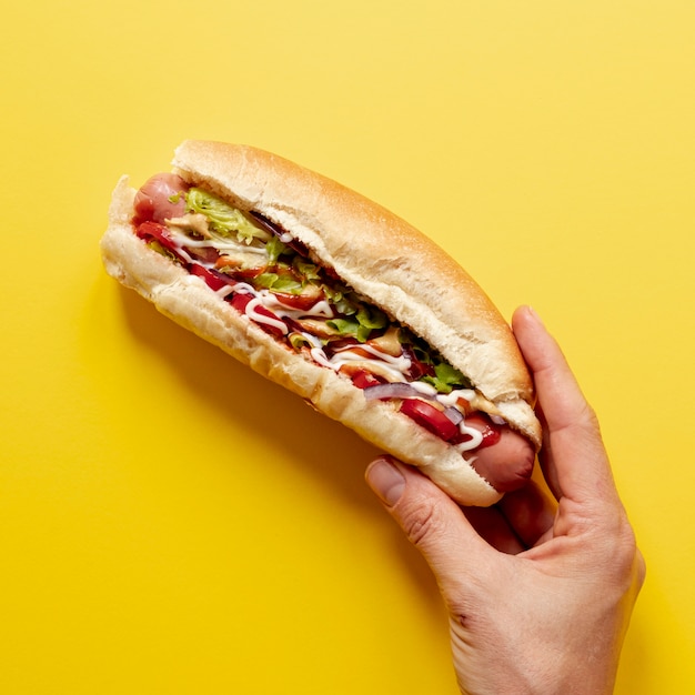 Persona de primer plano con hot dog Foto gratis