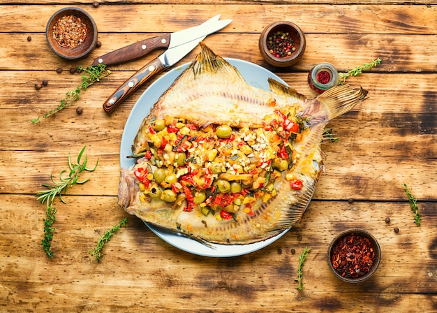 Platija O Pescado Plano Al Horno Con Verduras Pescado Frito En La Mesa