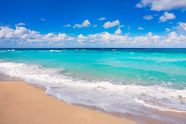 Playa Tropical Con Arena Y Agua Turquesa Bajo Un Cielo Azul Hermoso