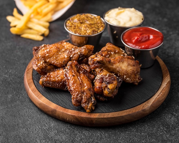 Pollo Frito Con Variedad De Salsas Y Papas Fritas Foto Gratis