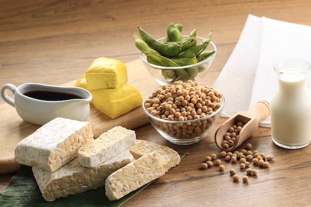 Producto De Soja Tofu Crudo Tempeh Leche De Soja Salsa De Soja Y Frijol De Soja Concepto De