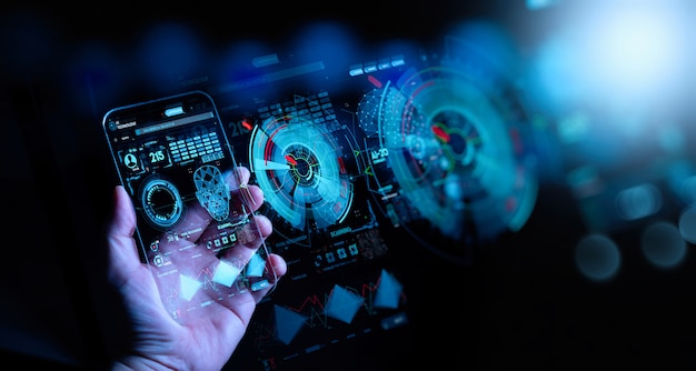 Red de telecomunicaciones conmovedora a mano y tecnología inalámbrica de internet móvil con conexión de datos 5g lte de negocios globales, fintech, blockchain. Foto Premium