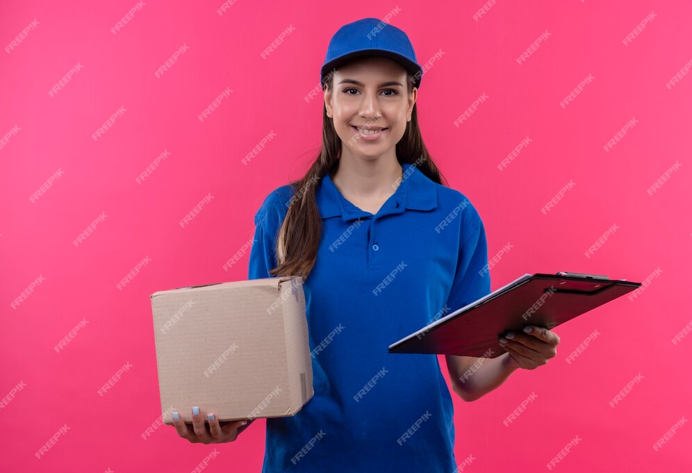 Repartidor Joven En Uniforme Azul Y Gorra Con Paquete De Caja Y Portapapeles Mirando Confiado 4842