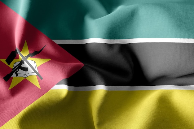 Representación 3d realista ondeando la bandera de seda de mozambique