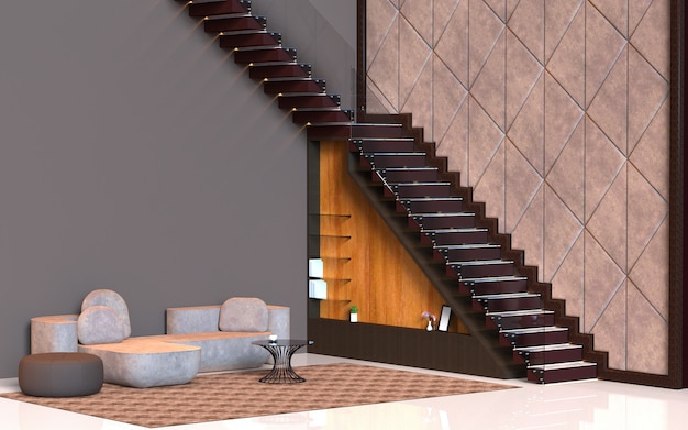 Representacion 3d De Sala De Estar De Diseno De Interiores Con Escaleras Y Panel De Pared Foto Premium