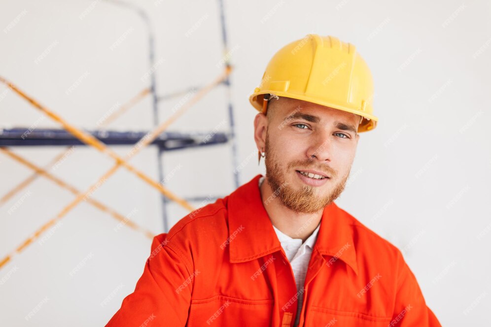 Retrato De Joven Constructor En Ropa De Trabajo Naranja Y Casco Amarillo Con Lápiz Detrás De La 