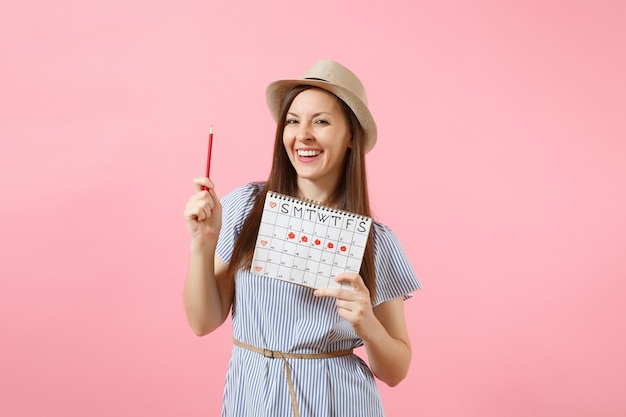 Retrato De Mujer Feliz En Vestido Azul Sombrero Con Lápiz Rojo Calendario De Períodos 4363