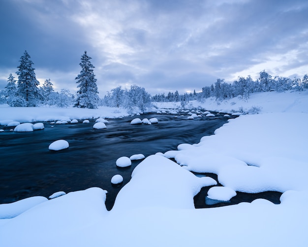 Río con nieve y un bosque cerca cubierto de nieve en invierno en suecia