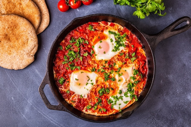 Shakshuka En Una Sartén. Huevos Escalfados En Salsa Picante De Tomate Y ...