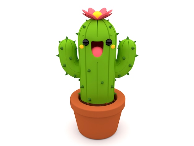Sonriente personaje de cactus 3d con una flor rosa dentro de una maceta en  un aislado blanco bac | Foto Premium