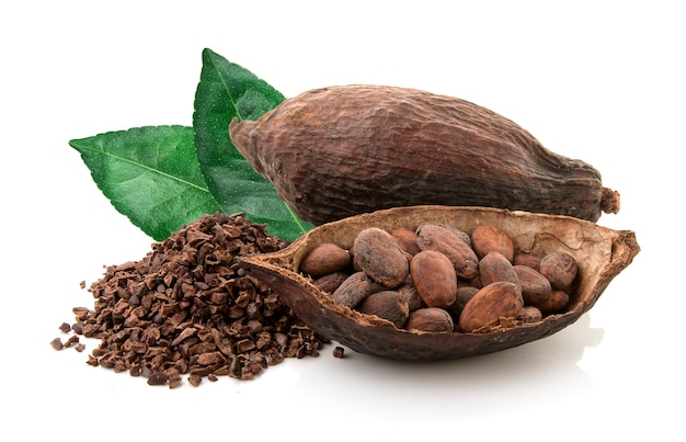 Vainas de cacao y granos de cacao y polvo de cacao con hojas ...