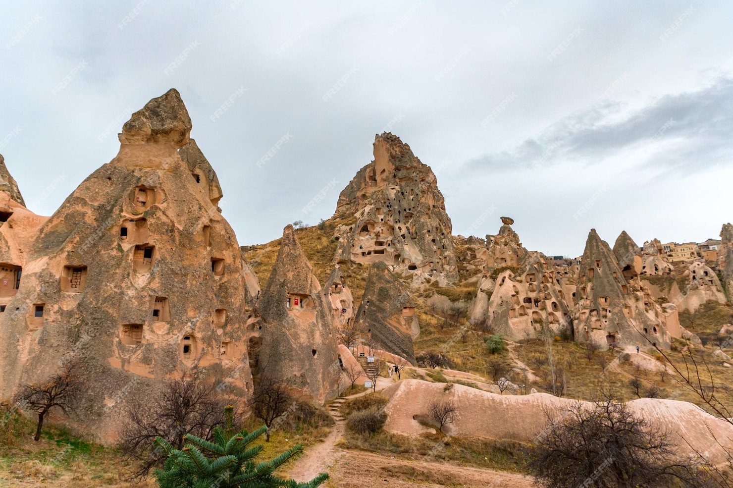 La Vista Horizontal De Uchisar Capadocia Turquía Bajo Un Cielo Nublado