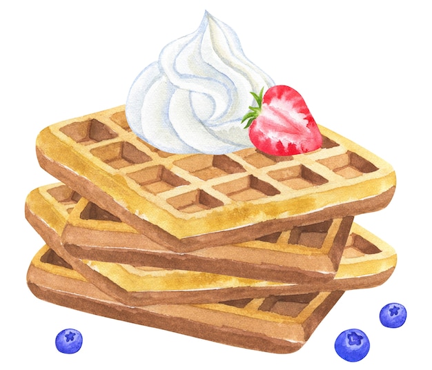 Waffles belgas con crema batida y fresa y mora. ilustración acuarela