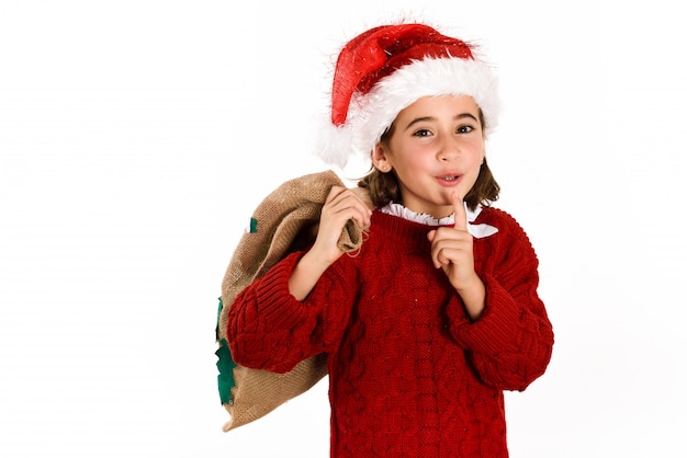 Immagini Natale Da Ridere.Foto Gratis Bambina Vestita Da Babbo Natale Ridere E Chiede Il Silenzio Con Un Sacco Marrone