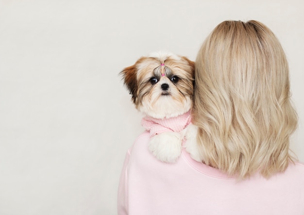 Bella ragazza carina in possesso di un cucciolo di shih tzu ben curato in un maglione rosa sulla sua spalla Foto Premium