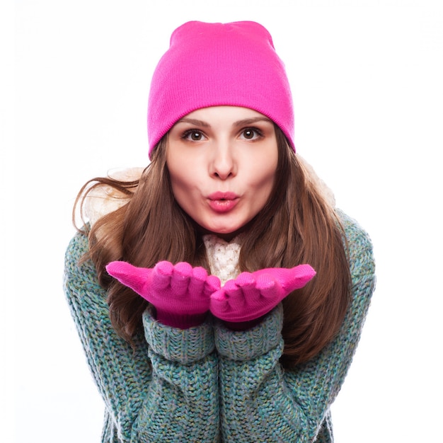 Christmas girl.winter woman blowing snow Foto Premium