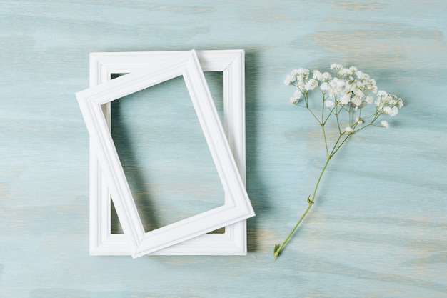 Due cornici di confine bianco con fiore baby's-breath sullo sfondo in legno texture Foto Gratuite