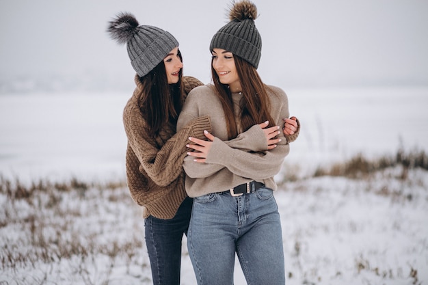 Due ragazze che camminano insieme in un parco di inverno Foto Gratuite