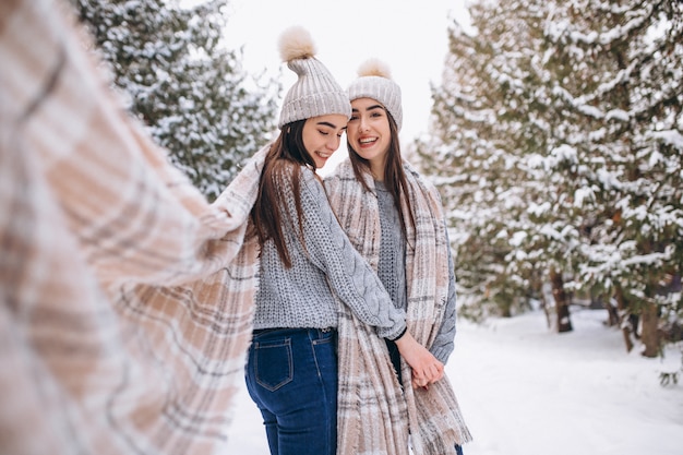 Due ragazze gemelli insieme nel parco di inverno Foto Gratuite