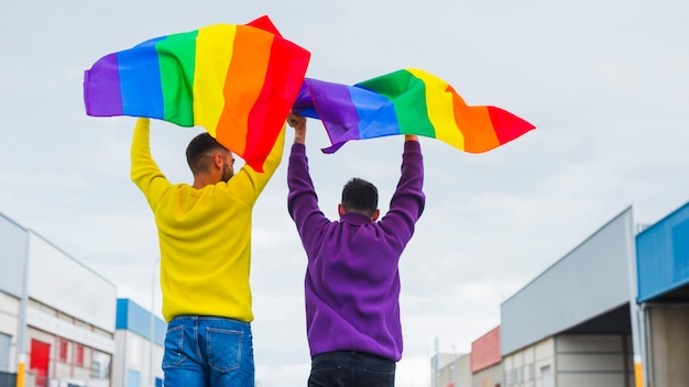 I gay che reggono in alto sventolando bandiere arcobaleno Foto Gratuite