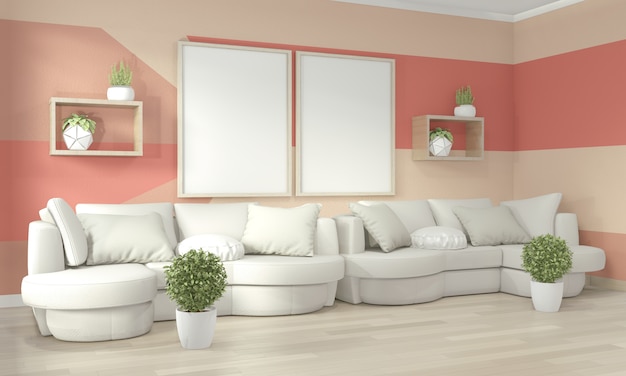 Idee di vivere il soggiorno di corallo geometrica wall art paint design stile completo di colore sul pavimento di legno Foto Premium