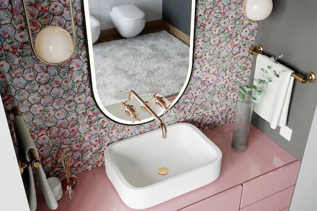 Bagno Moderno Piastrelle Bagno Mosaico Rosa.Interno Di Un Bagno Moderno Con Una Parete Con Un Mosaico Esagonale Di Sfumature Rosa E Blu Rendering 3d Foto Premium