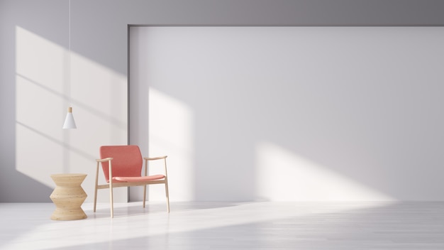 Interno moderno di vivere con la poltrona rosa del tessuto sul pavimento di legno bianco e sulla parete bianca, stile minimo, rappresentazione 3d Foto Premium
