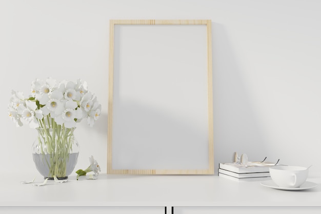 Manifesto del mockup con cornice in piedi sulla scrivania in salotto. rendering 3d. - illustrazione Foto Premium