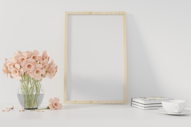 Manifesto del mockup con cornice in piedi sulla scrivania in salotto. rendering 3d. - illustrazione Foto Premium
