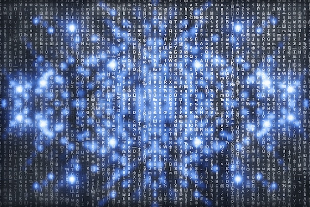 Matrice su blu digitale. i personaggi cadono. simboli stream. realtà virtuale splendente con copyspace. sfondo scintillante. algoritmo complesso. lettere e numeri che cadono. computer di hacking. Foto Premium